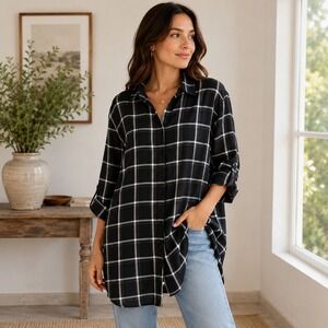 Miss Lili Black White Plaid Roll Tab Sleeve Button Up Tunic 1x Shirt Top Womens